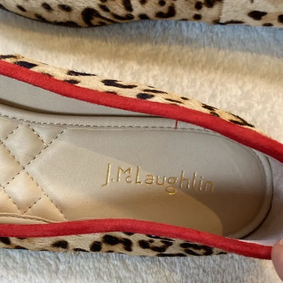 J. McLaughlin Anastasia hair calf leopard print red suede trim  ballet flat