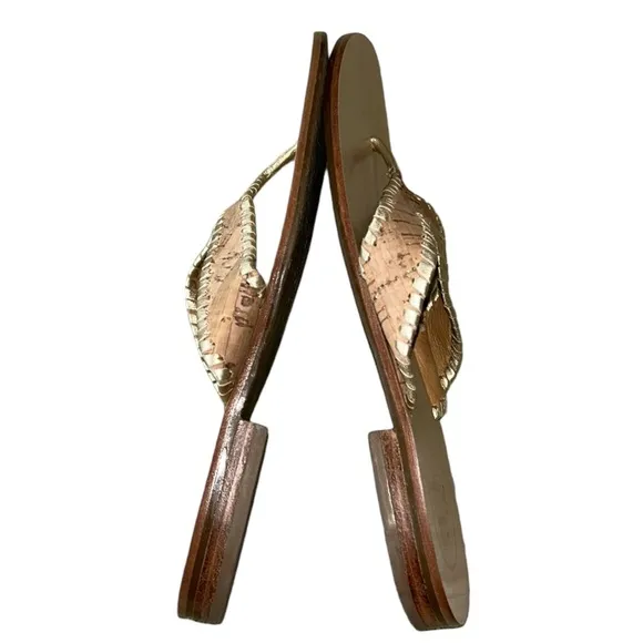 Jack Rogers Megan Cork &amp; Metallic Gold Leather Thong Slides Sandals - 7.5