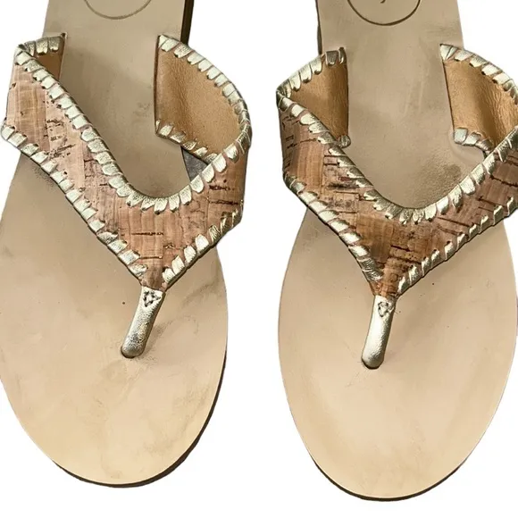 Jack Rogers Megan Cork &amp; Metallic Gold Leather Thong Slides Sandals - 7.5