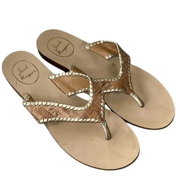 Jack Rogers Megan Cork &amp; Metallic Gold Leather Thong Slides Sandals - 7.5