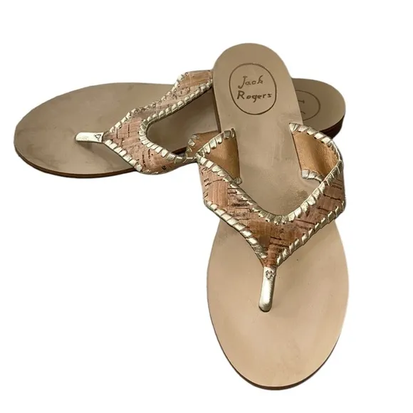 Jack Rogers Megan Cork &amp; Metallic Gold Leather Thong Slides Sandals - 7.5