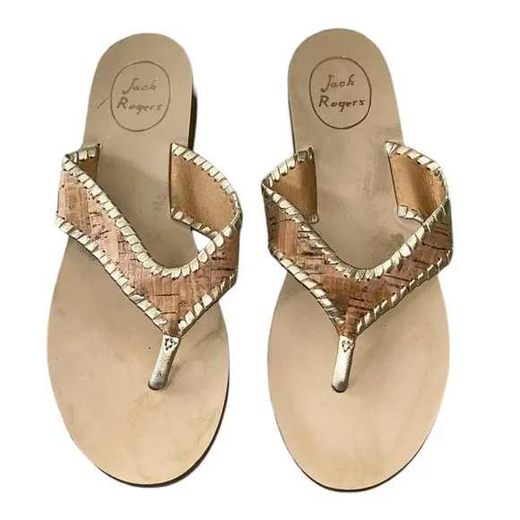 Jack Rogers Megan Cork &amp; Metallic Gold Leather Thong Slides Sandals - 7.5