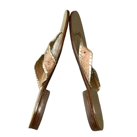 Jack Rogers Megan Cork &amp; Metallic Gold Leather Thong Slides Sandals - 7.5
