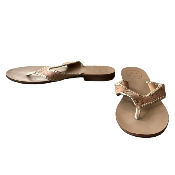 Jack Rogers Megan Cork &amp; Metallic Gold Leather Thong Slides Sandals - 7.5