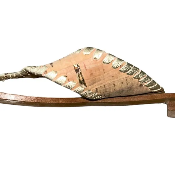 Jack Rogers Megan Cork &amp; Metallic Gold Leather Thong Slides Sandals - 7.5