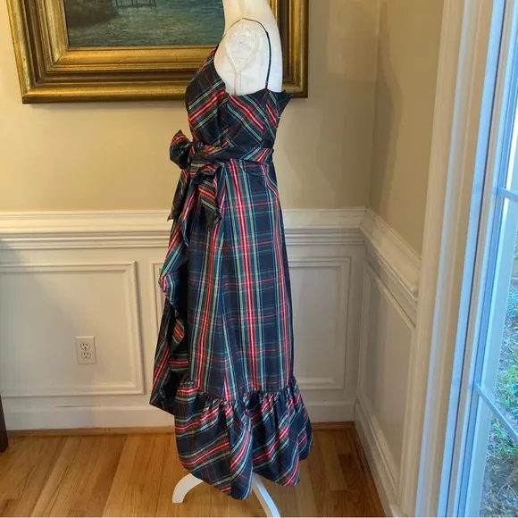 JCREW Stewart Black Red Blue Tartan Plaid Taffeta Ruffle Midi Faux Wrap Dress