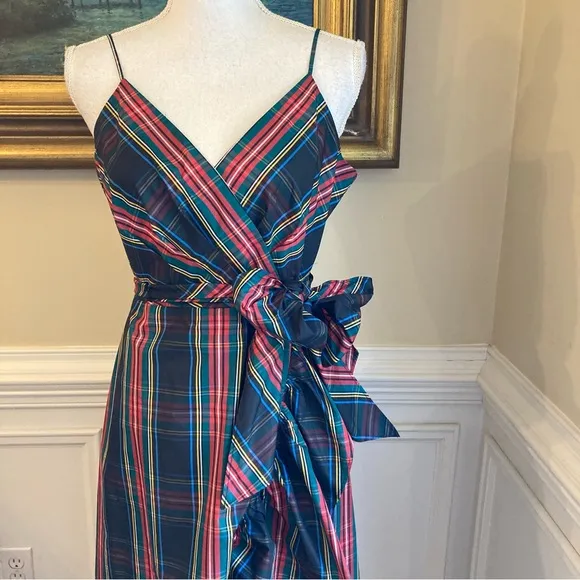 JCREW Stewart Black Red Blue Tartan Plaid Taffeta Ruffle Midi Faux Wrap Dress