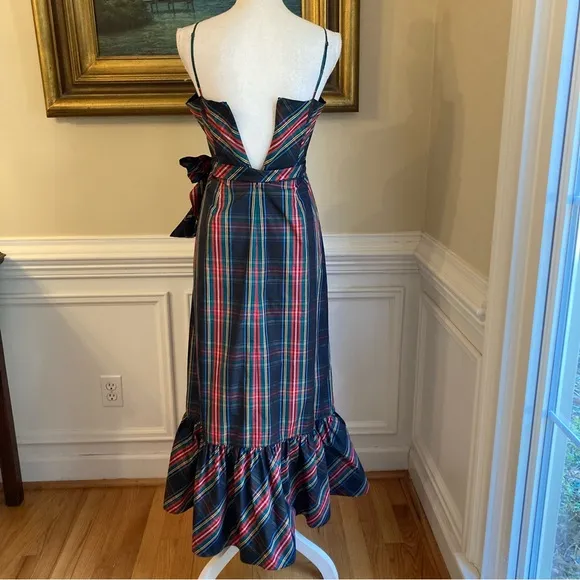 JCREW Stewart Black Red Blue Tartan Plaid Taffeta Ruffle Midi Faux Wrap Dress