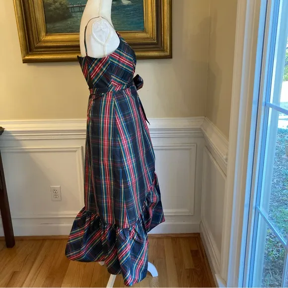 JCREW Stewart Black Red Blue Tartan Plaid Taffeta Ruffle Midi Faux Wrap Dress