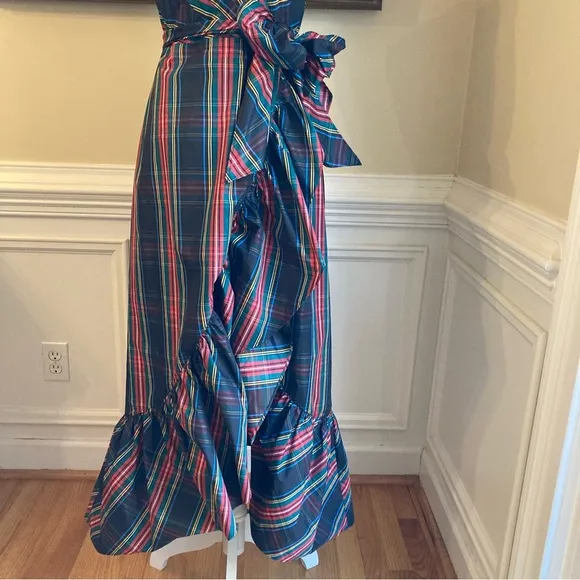 JCREW Stewart Black Red Blue Tartan Plaid Taffeta Ruffle Midi Faux Wrap Dress
