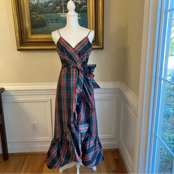 JCREW Stewart Black Red Blue Tartan Plaid Taffeta Ruffle Midi Faux Wrap Dress