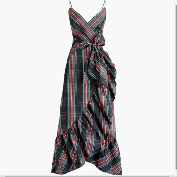 JCREW Stewart Black Red Blue Tartan Plaid Taffeta Ruffle Midi Faux Wrap Dress