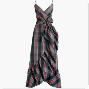 JCREW Stewart Black Red Blue Tartan Plaid Taffeta Ruffle Midi Faux Wrap Dress