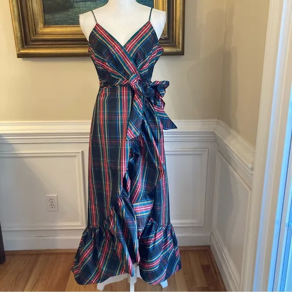 JCREW Stewart Black Red Blue Tartan Plaid Taffeta Ruffle Midi Faux Wrap Dress