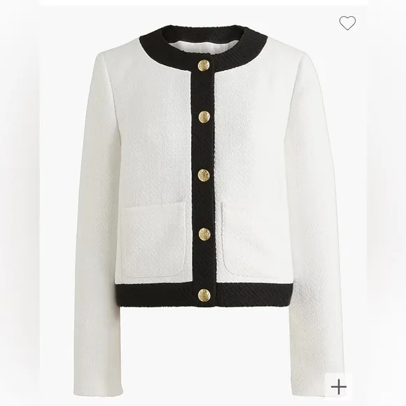 JCREW White Black Tweed Cropped Lady Jacket Blazer Gold Buttons NWT