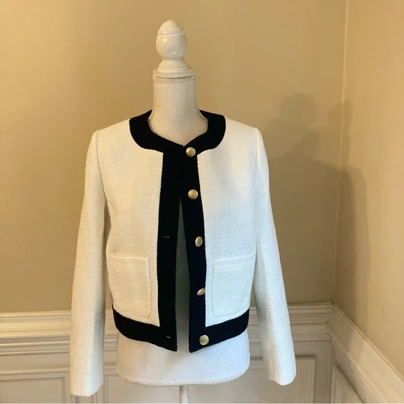 JCREW White Black Tweed Cropped Lady Jacket Blazer Gold Buttons NWT