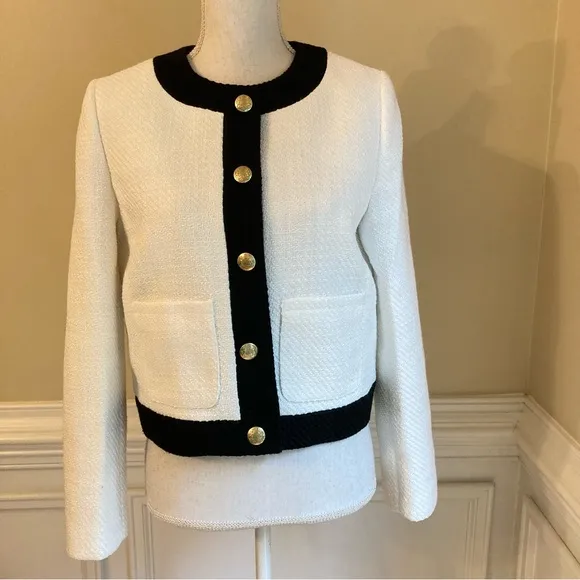 JCREW White Black Tweed Cropped Lady Jacket Blazer Gold Buttons NWT