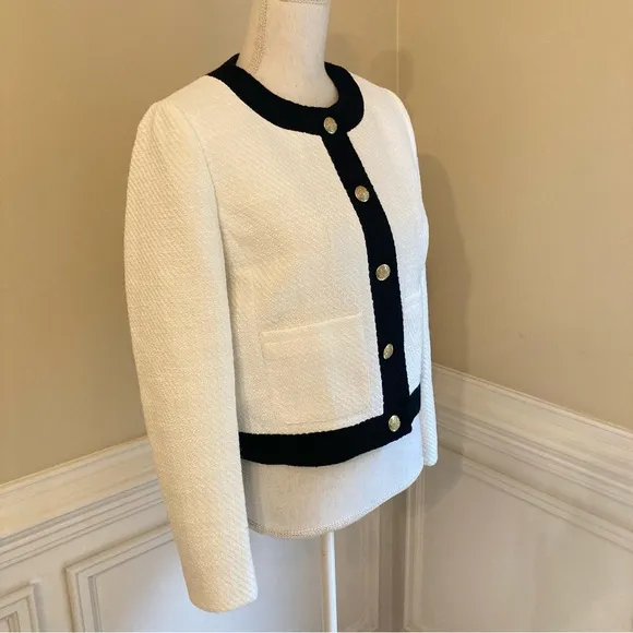 JCREW White Black Tweed Cropped Lady Jacket Blazer Gold Buttons NWT