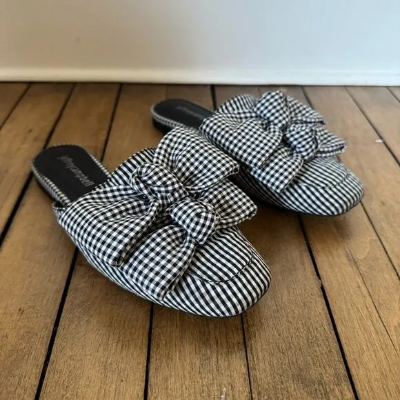 Jeffrey Campbell Black and White Gingham Plaid Bow Mules Slides 6.5