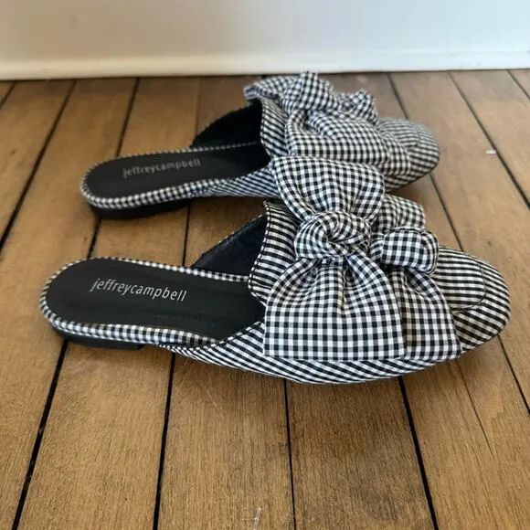 Jeffrey Campbell Black and White Gingham Plaid Bow Mules Slides 6.5