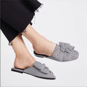 Jeffrey Campbell Black and White Gingham Plaid Bow Mules Slides 6.5