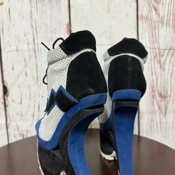 JEFFREY CAMPBELL Blue Suede Mesh high top sneakers wood &amp; rubber platforms 6.5