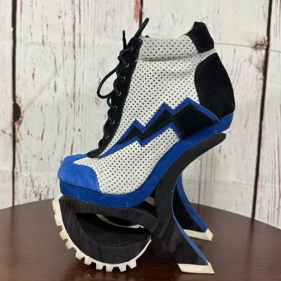 JEFFREY CAMPBELL Blue Suede Mesh high top sneakers wood &amp; rubber platforms 6.5
