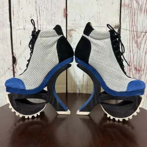 JEFFREY CAMPBELL Blue Suede Mesh high top sneakers wood &amp; rubber platforms 6.5