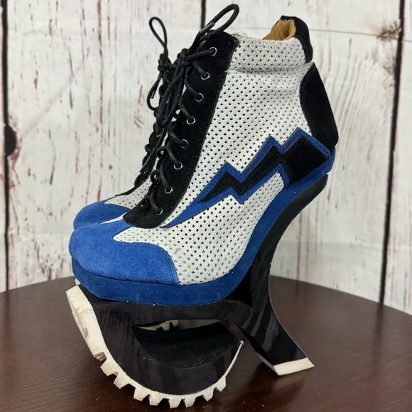 JEFFREY CAMPBELL Blue Suede Mesh high top sneakers wood &amp; rubber platforms 6.5