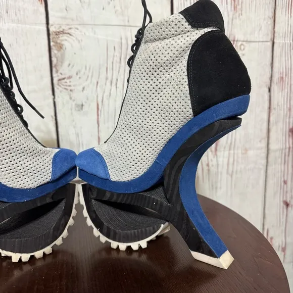 JEFFREY CAMPBELL Blue Suede Mesh high top sneakers wood &amp; rubber platforms 6.5
