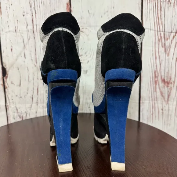JEFFREY CAMPBELL Blue Suede Mesh high top sneakers wood &amp; rubber platforms 6.5