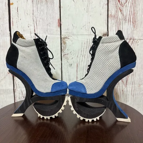 JEFFREY CAMPBELL Blue Suede Mesh high top sneakers wood &amp; rubber platforms 6.5