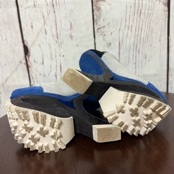 JEFFREY CAMPBELL Blue Suede Mesh high top sneakers wood &amp; rubber platforms 6.5