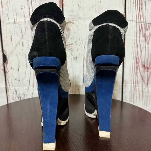 JEFFREY CAMPBELL Blue Suede Mesh high top sneakers wood &amp; rubber platforms 6.5