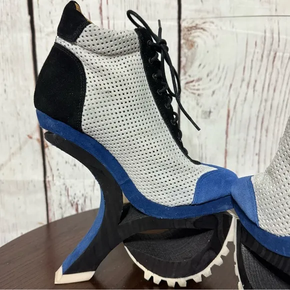 JEFFREY CAMPBELL Blue Suede Mesh high top sneakers wood &amp; rubber platforms 6.5