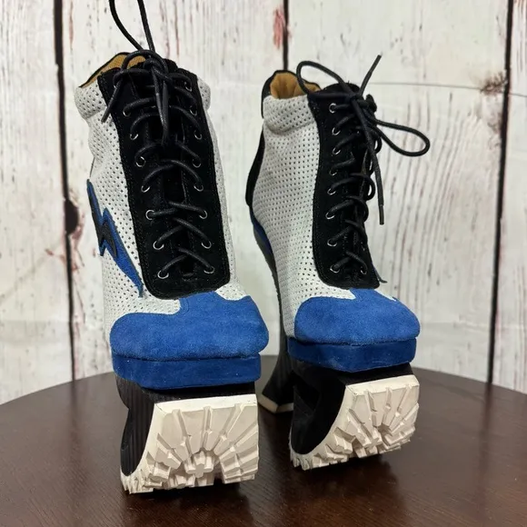 JEFFREY CAMPBELL Blue Suede Mesh high top sneakers wood &amp; rubber platforms 6.5