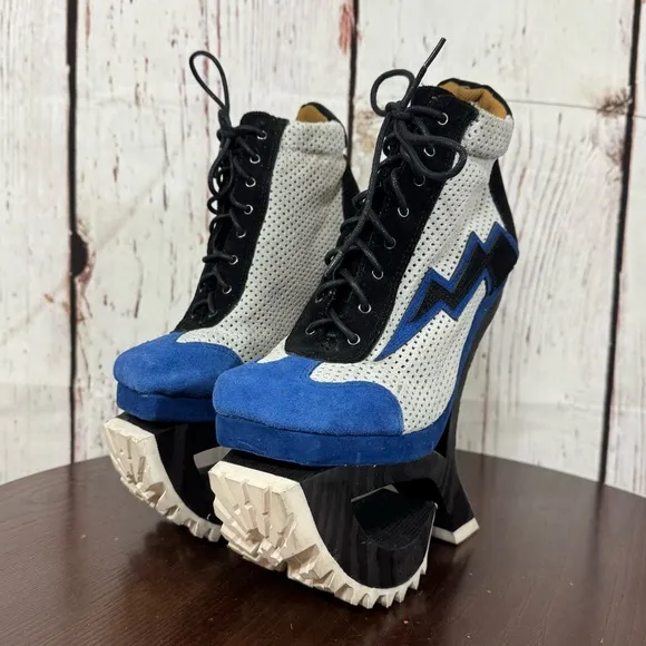 JEFFREY CAMPBELL Blue Suede Mesh high top sneakers wood &amp; rubber platforms 6.5