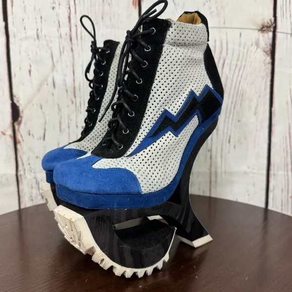 JEFFREY CAMPBELL Blue Suede Mesh high top sneakers wood &amp; rubber platforms 6.5