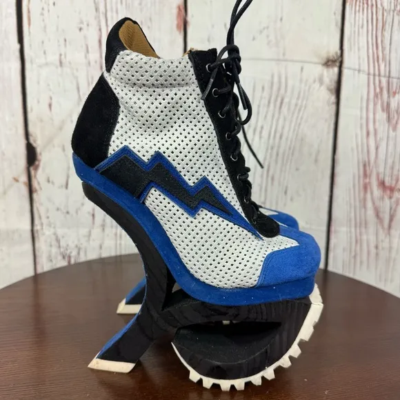 JEFFREY CAMPBELL Blue Suede Mesh high top sneakers wood &amp; rubber platforms 6.5