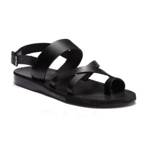 Jerusalem Amos Flat Sandals Ankle Strap Toe Loop‎ Adjustable Leather Black 13 46