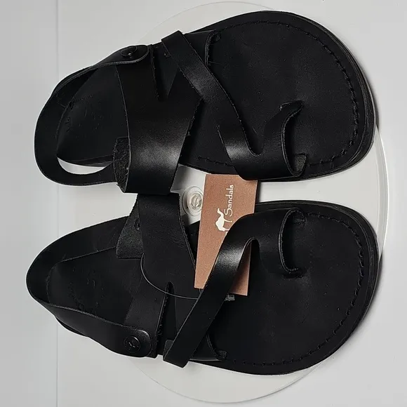 Jerusalem Amos Flat Sandals Ankle Strap Toe Loop‎ Adjustable Leather Black 13 46