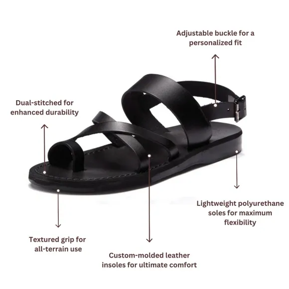 Jerusalem Amos Flat Sandals Ankle Strap Toe Loop‎ Adjustable Leather Black 13 46