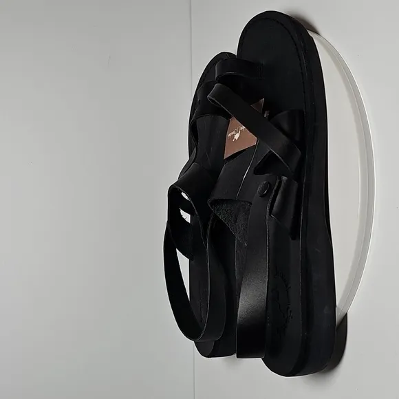 Jerusalem Amos Flat Sandals Ankle Strap Toe Loop‎ Adjustable Leather Black 13 46