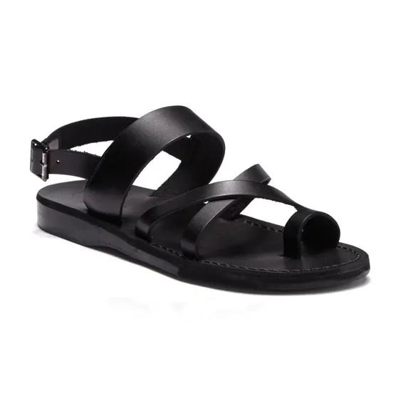 Jerusalem Amos Flat Sandals Ankle Strap Toe Loop‎ Adjustable Leather Black 13 46