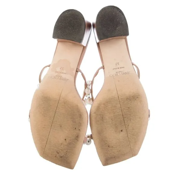 Jimmy Choo Amara‎ Pearl Embellished Slide Sandals Size 7 Block Heels Neutral