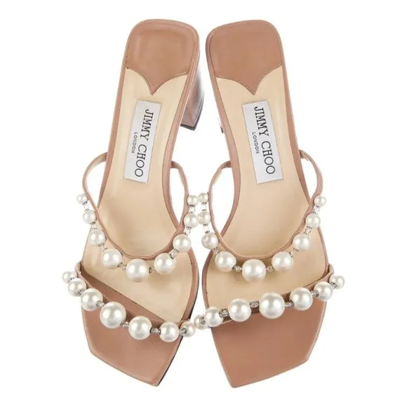 Jimmy Choo Amara‎ Pearl Embellished Slide Sandals Size 7 Block Heels Neutral