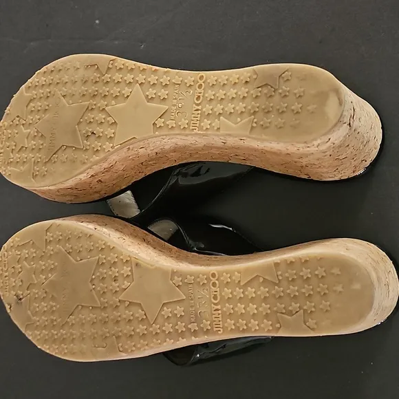 Jimmy Choo Blk Patent Leather Slides Crossover Straps Cork Wedge Sandals Sz38.5