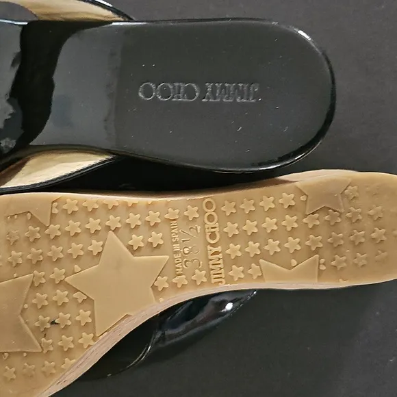 Jimmy Choo Blk Patent Leather Slides Crossover Straps Cork Wedge Sandals Sz38.5