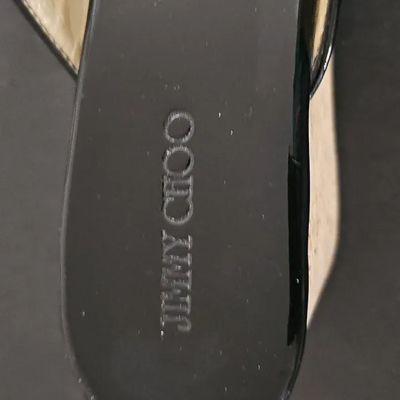 Jimmy Choo Blk Patent Leather Slides Crossover Straps Cork Wedge Sandals Sz38.5