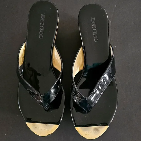 Jimmy Choo Blk Patent Leather Slides Crossover Straps Cork Wedge Sandals Sz38.5
